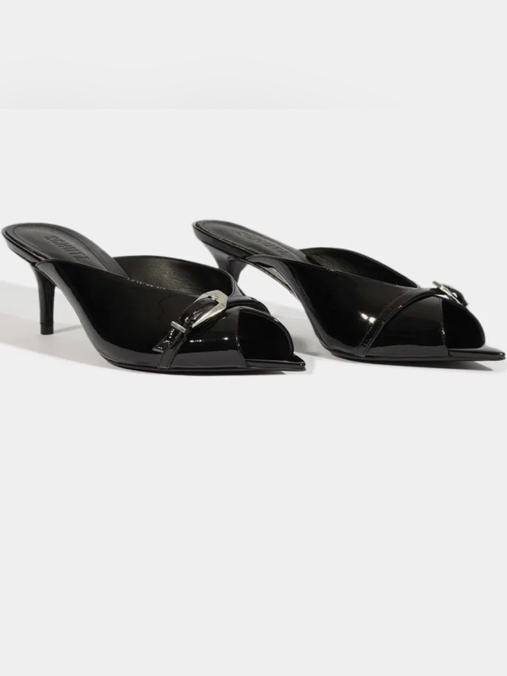 NEW Black Patent Open-Toe Mule Heels with Silver Buckle/ Shutz/ size 7.5